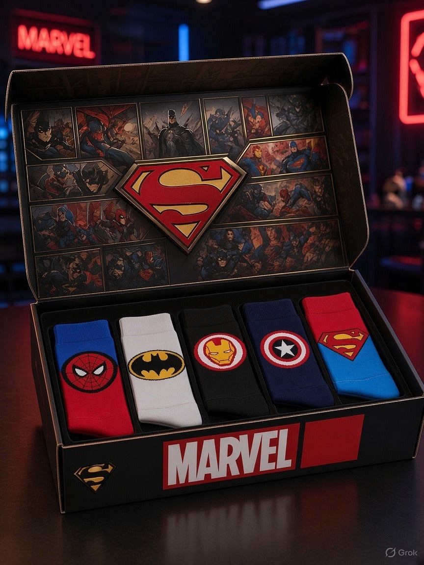 Collector sock set pictured in a presentation box with superhero-themed designs